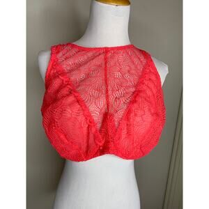 Cacique 42D Bright Red Underwire Bra High Lace Neck Bra